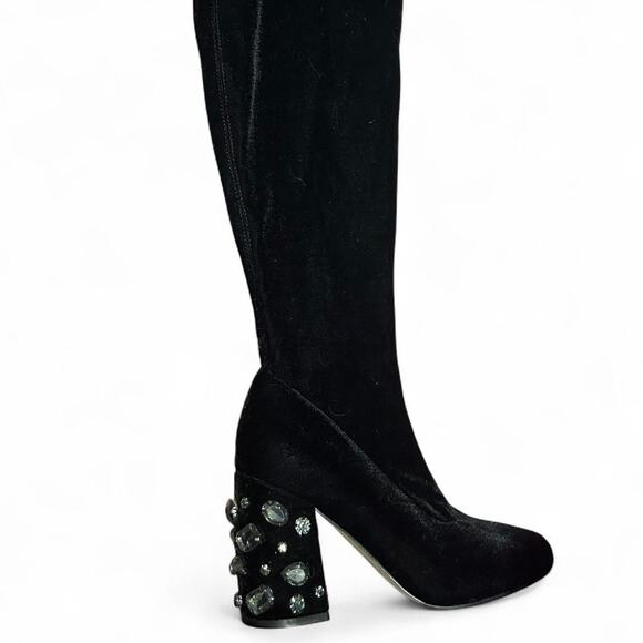 Black Velvet Grey Rhinestone Over the Knee Boots Whimsygoth Glam Wednesday 6 - Picture 1 of 8